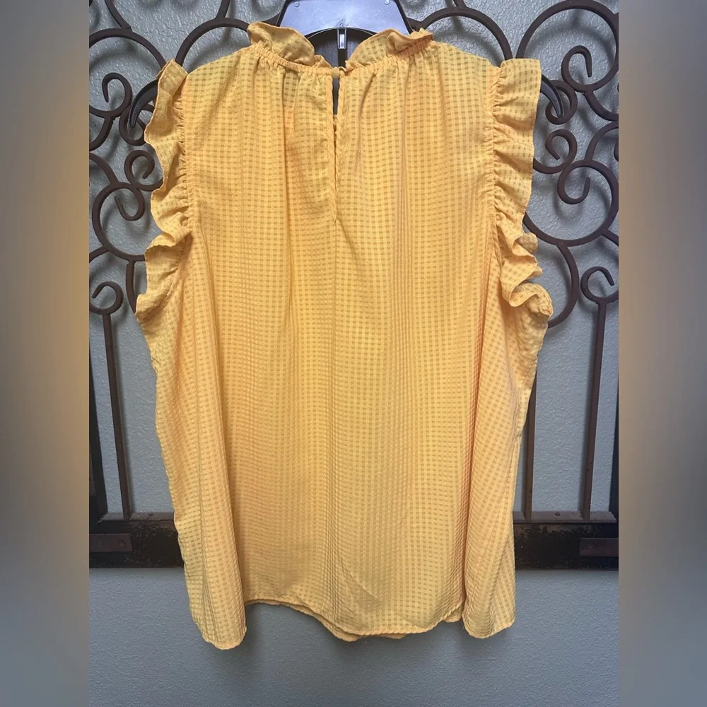Who What Wear sleeveless ruffle high neck button back mustard blouse